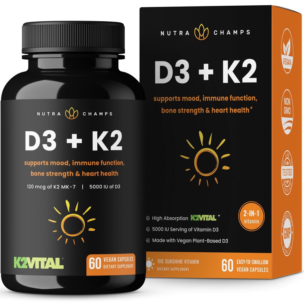 NutraChamps D3 with K2 MK7 心と骨の健康のためのサプリメント | ビタミンD&Kコンプレックス | ビタミンD3の5000 IU & ビタミンK2 MK-7の100 mcg | 60 ビタミンK2 D3カプセル