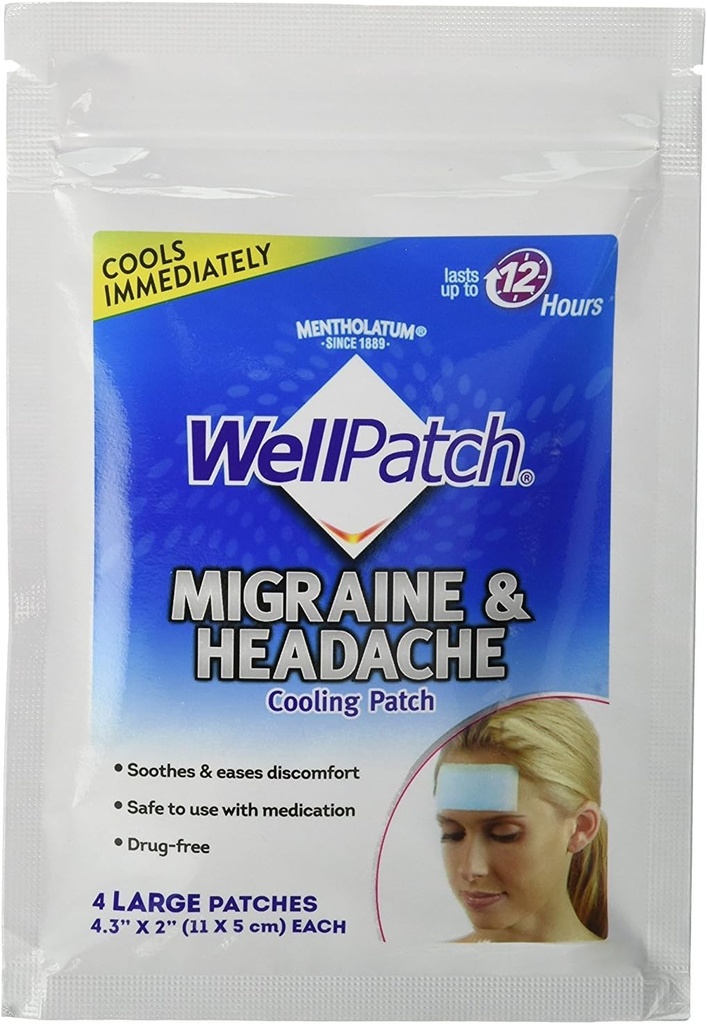 WellPatch の片頭痛及び頭痛の冷却パッチ - 薬物は、最大 12 時間持続します、薬物使用と安全 - 大きいパッチ(4 大きいパッチ)、各 4.3 x 2 で