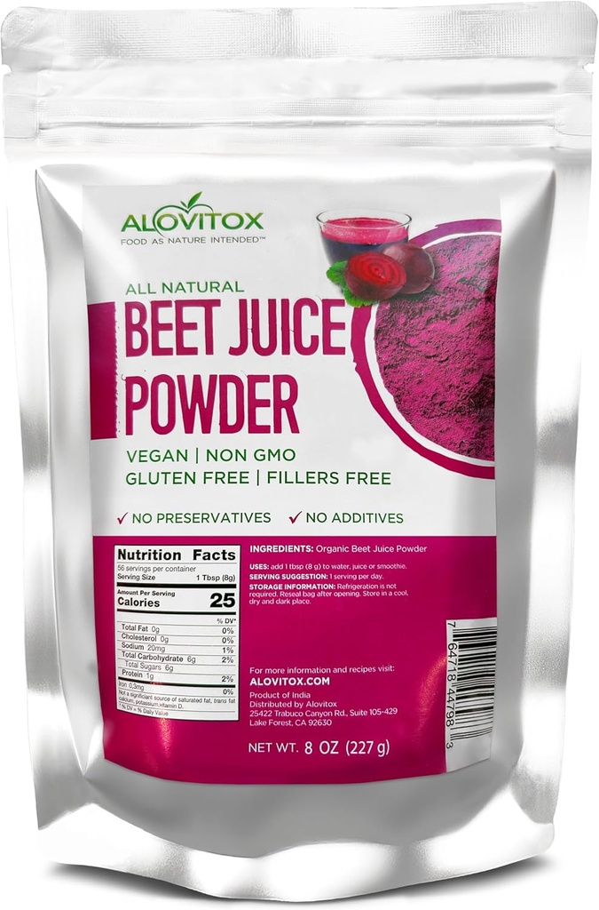 Alovitox Organic Beet Juice Powder |100% Pure, Fresh & USDA Beet Juice Extract Powder | Nitric Oxide Superfood | Vegan, Non - Gmo & Gluten-Free | Support Energised and Effective Workout Session (8 oz)