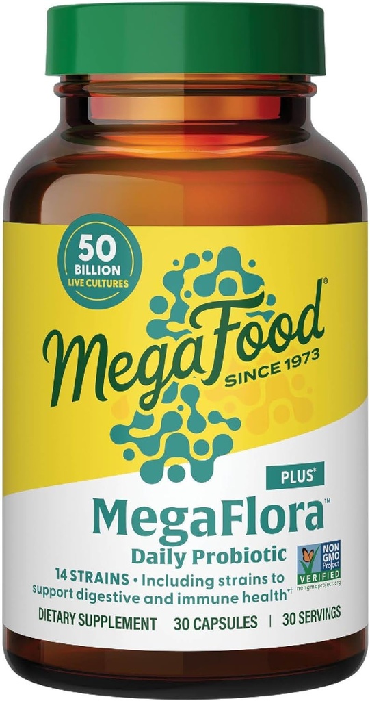 MegaFood MegaFlora Probiotic Plus - 女性と男性の消化器の健康のためのプロバイオティクス - 50億のCFUと14の緊張 - 免疫サポートサプリメント - ベジタリアン - 30カプセル