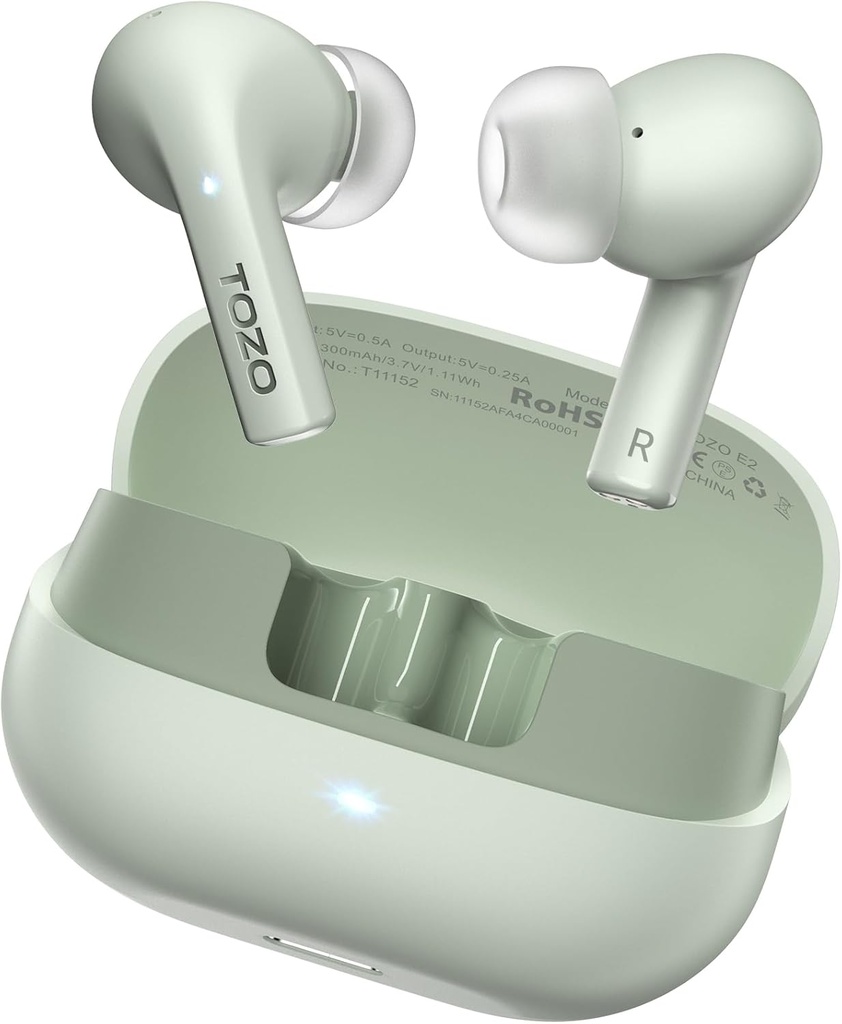 TOZO E2のMics AIの呼出しの騒音のキャンセル、強力な低音の10mmの運転者が付いている無線E2イヤフォンは32 EQs、30Hの再生時間、Bluetooth 5.3の耳の芽、慰めの適合の後部ヘッドフォンをカスタマイズします