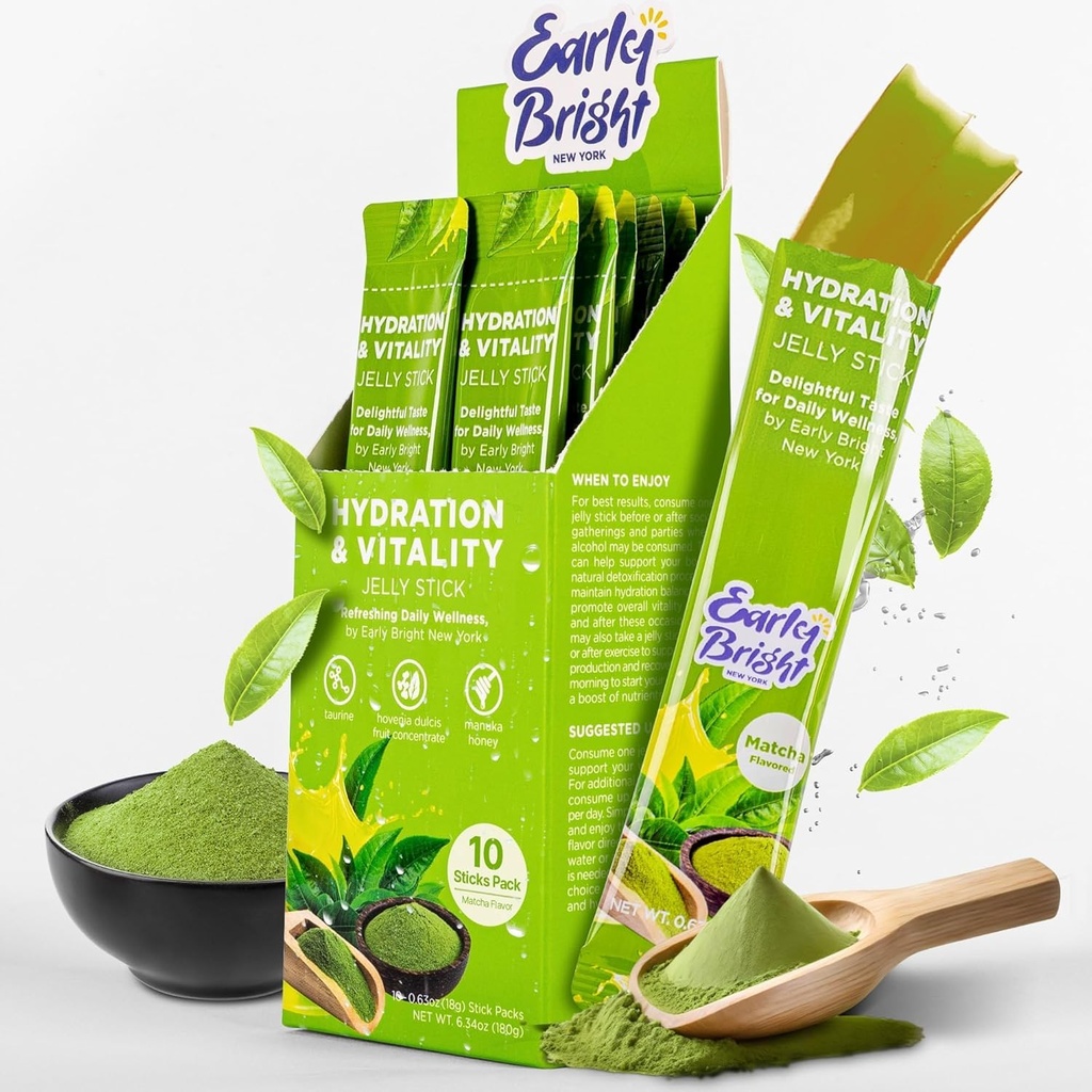Jelly Sticks - Matcha-Flavored のために より良い 朝 飲酒後, 肝臓サポート & タウリンと DHM の Vitality, 感じ リフレッシュ と engized, 18gX10ea