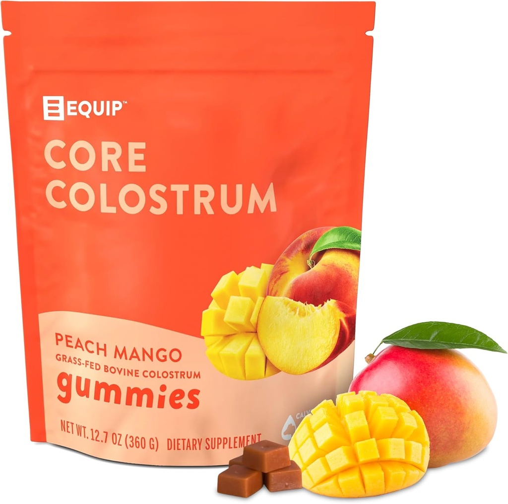 Equip Foods Core Bovine Colostrum Gummies、Seving Grass Fed Colostrum Supplement - Gut Health、免疫、回復、ヘア&スキン - 60 Bovine Colostrum Gummies、30サービング、Peach Mango