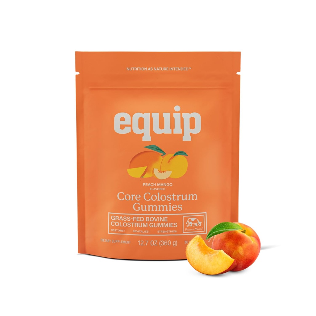 Equip Foods Core Bovine Colostrum Gummies、Seving Grass Fed Colostrum Supplement - Gut Health、免疫、回復、ヘア&スキン - 60 Bovine Colostrum Gummies、30サービング、Peach Mango