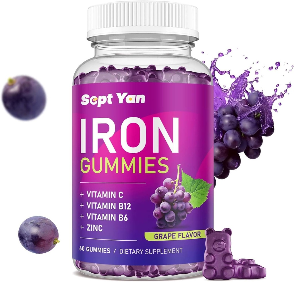 Iron Gummies for Women & Kids - with Vitamin C, B12, B6, Zinc - Blood Builder & Energy - Iron Supplement Gummies Support for Blood Builder, Anemia - 60 Vegan Grape Flavor