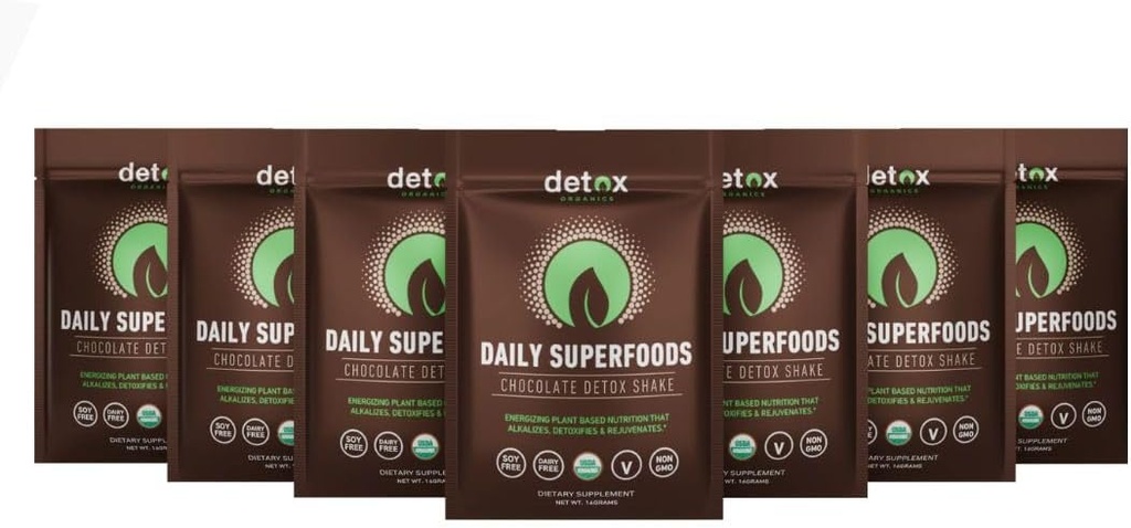 Detoxオーガニックチョコレートスーパーフードパウダー、あなたの体のためのデトックスクレンジング、ブロッティングリリーフ、免疫サポートサプリメントスムージーデトックスミックス、グリーンブレンドスーパーフード、低炭水化物、ビーガン(7日デトックスパケット)