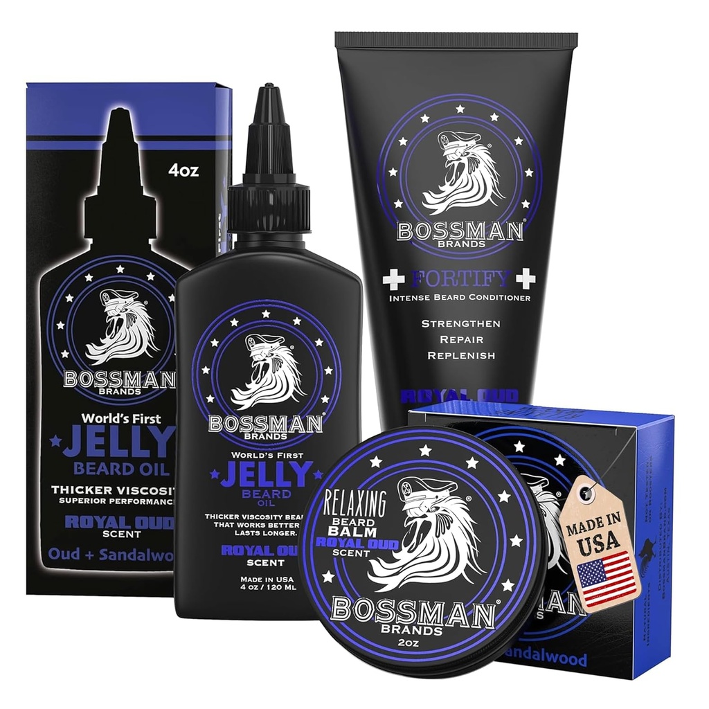 Bossman Essentials Beard Kit for Men, Set of 3 - Beard Oil Jelly, Fortifying Conditioner Cream, Beard Balm - Grooming Growth Care Accessories - Gift Set for Men (Royal Oud)