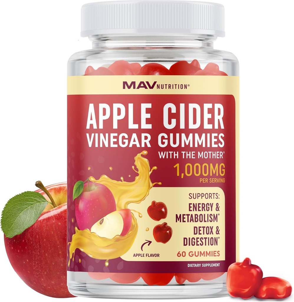 Organic Apple Cider Vinegar Gummies for Digestion, Detox & Healthy Immune Function Support | 1000MG ACV Per Serving | with The Mother, Vitamin B6, B12 & Folate | Vegan, Gluten-Free | 60 Gummies