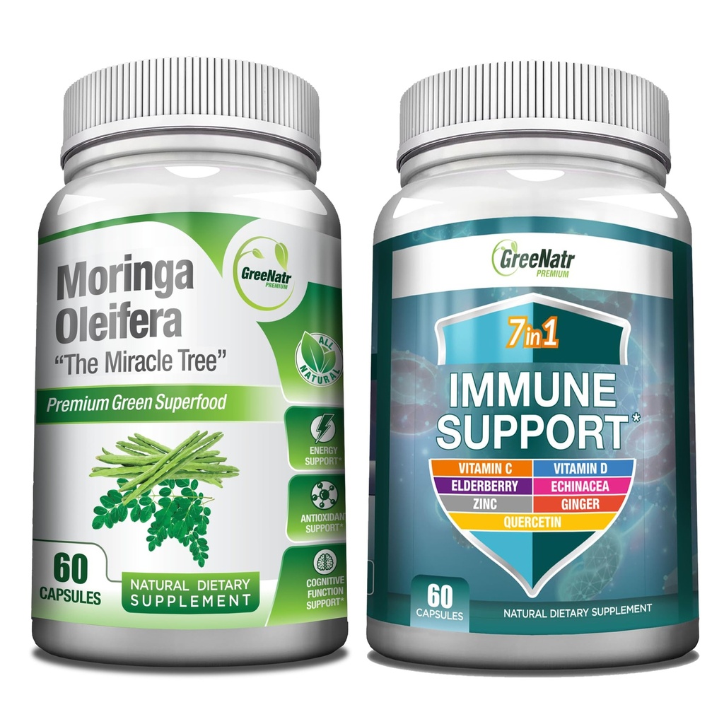 GreeNatrエネルギーサポート&免疫防衛バンドル:純粋なMoringa Oleiferaリーフエキスベジーカプセル(1000mg)、エネルギー、気分、記憶、焦点のための7-in-1免疫サポートフォーミュラ