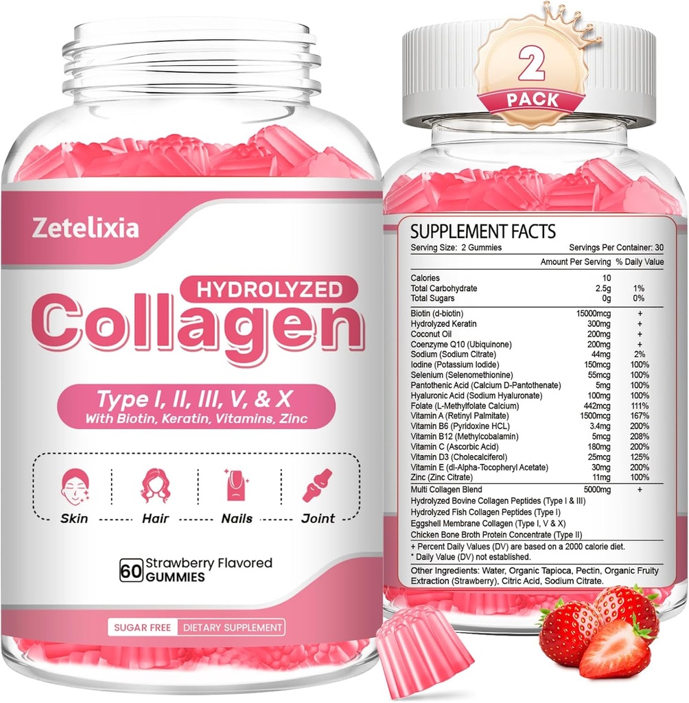 2 Pack Collagen Gummies for Women Men, Hydrolyzed Collagen Peptide Type I,II,III,V,X with Biotin, Vitamin C A B D E for Skin Hair Nails J0ints, Immunity Energy Digestion, Sugar Free, 120 Count