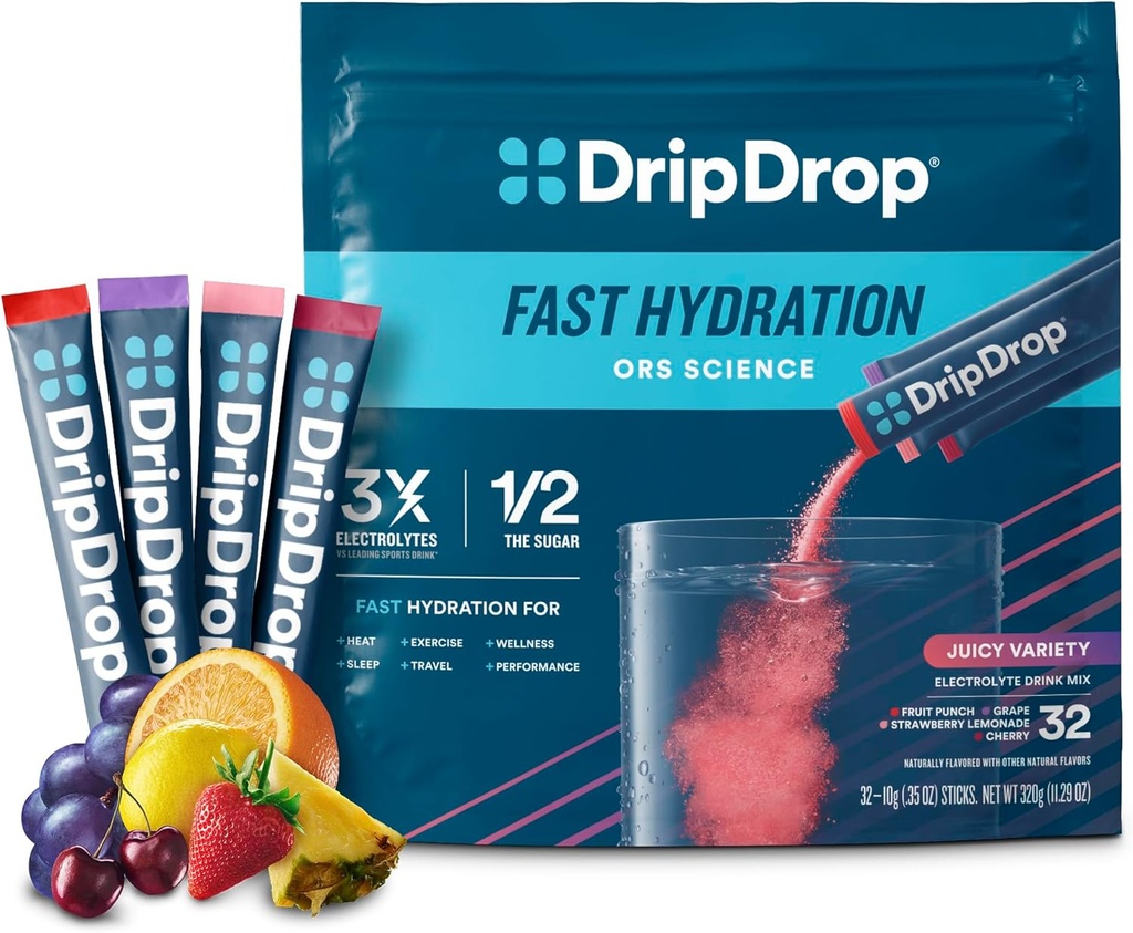 DripDrop Hydration Packets - ジューシーなバラエティパック - シングルセルブ電解質パウダードリンクミックス - グレープ、フルーツパンチ、イチゴレモネード、チェリー - 非GMO、グルテンフリー、ビーガン - 32スティック