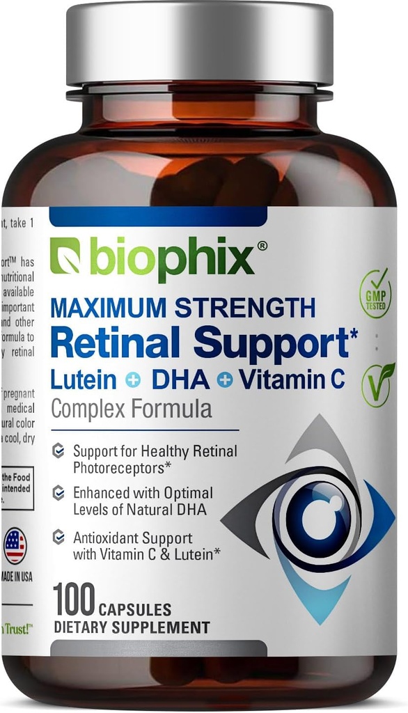 Biophix Retinalサポート最大強度コンプレックスフォーミュラ100カプセル - 亜鉛ビタミンC E Lutein DHA Omega-3アスタキサンチンヒアルロン酸 - サポート眼科の健康