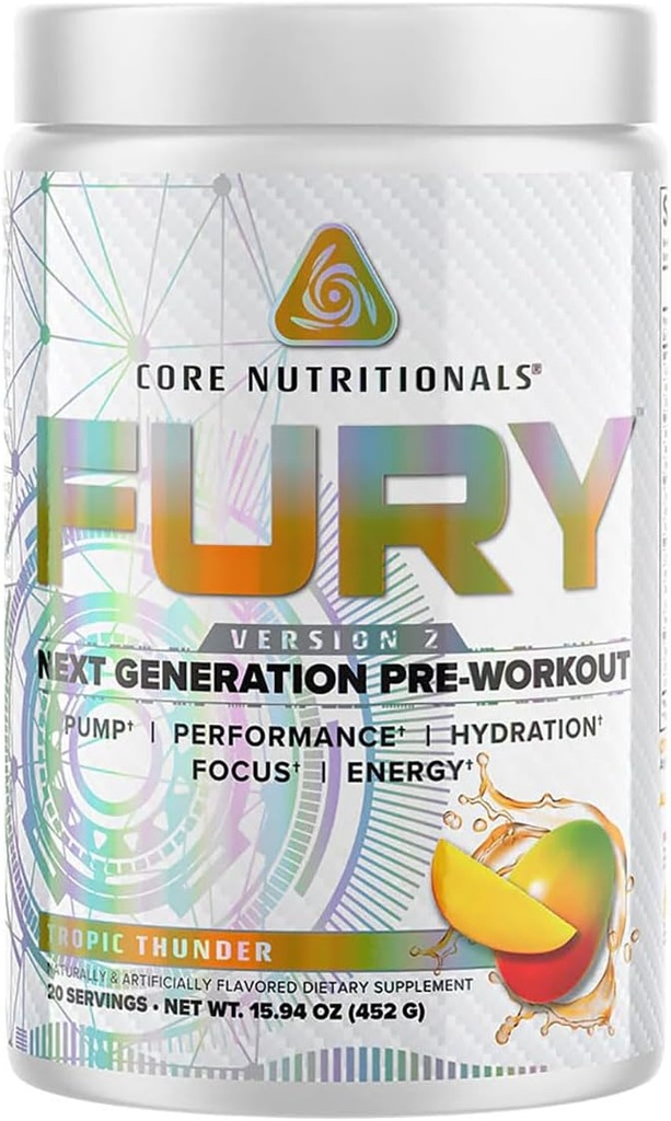 Core Nutritionals Fury V2: ジムW/Zum-XR®カフェイン、L-CItruline、アルファGPC(40 Scoops)(Tropic Thunder)でのパフォーマンスを最大化するためのプレワークアウトパウダー