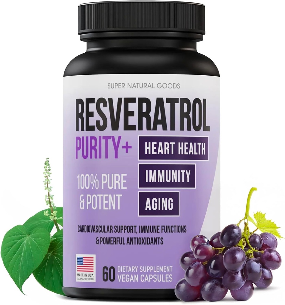 Trans-Resveratrol Highly Purified & Bioavailable Antioxidant Supplement for Unique SIRT1 Activation - Promote Cellular Repair, Longevity, Brain, Heart, DNA - 60 Capsules