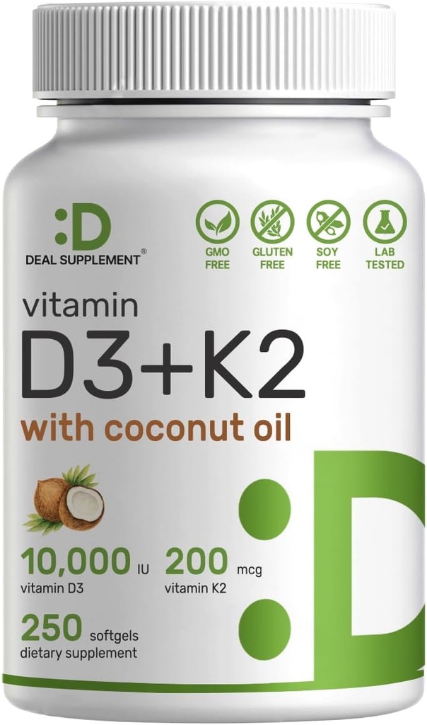 DEAL SUPPLEMENT ビタミン D3 10,000 IU + K2 MK7 200mcg Softgels, 250 カウント | 2in-1 バージンココナッツオイルとコンプレックス | 心、骨、歯、免疫の健康をサポート | 飲みやすい