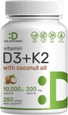 DEAL SUPPLEMENT ビタミン D3 10,000 IU + K2 MK7 200mcg Softgels, 250 カウント | 2in-1 バージンココナッツオイルとコンプレックス | 心、骨、歯、免疫の健康をサポート | 飲みやすい