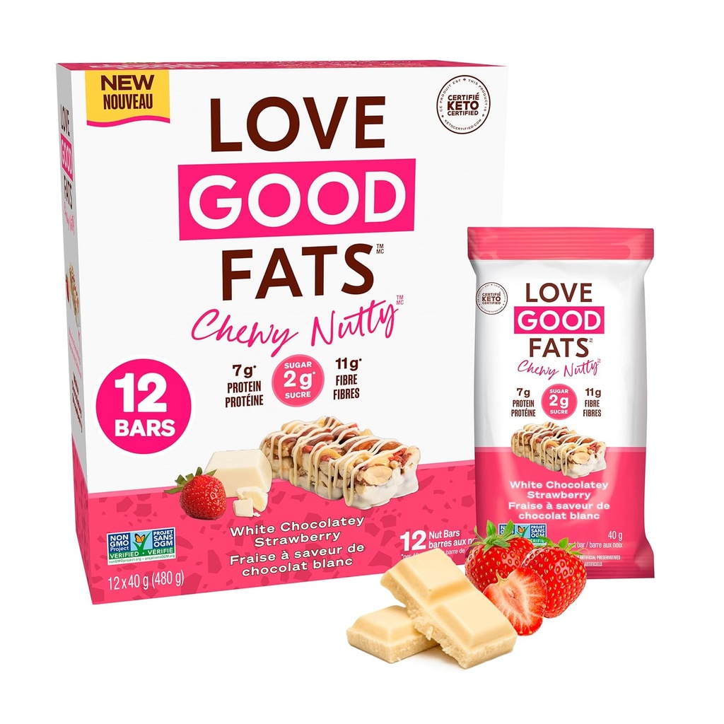 愛 良い脂肪 chewy Nutty 白 Chocolatey Strawberry Keto Bars - 低い Carb Protein Snacks - 12 パック (1.59oz/45g 各バー)