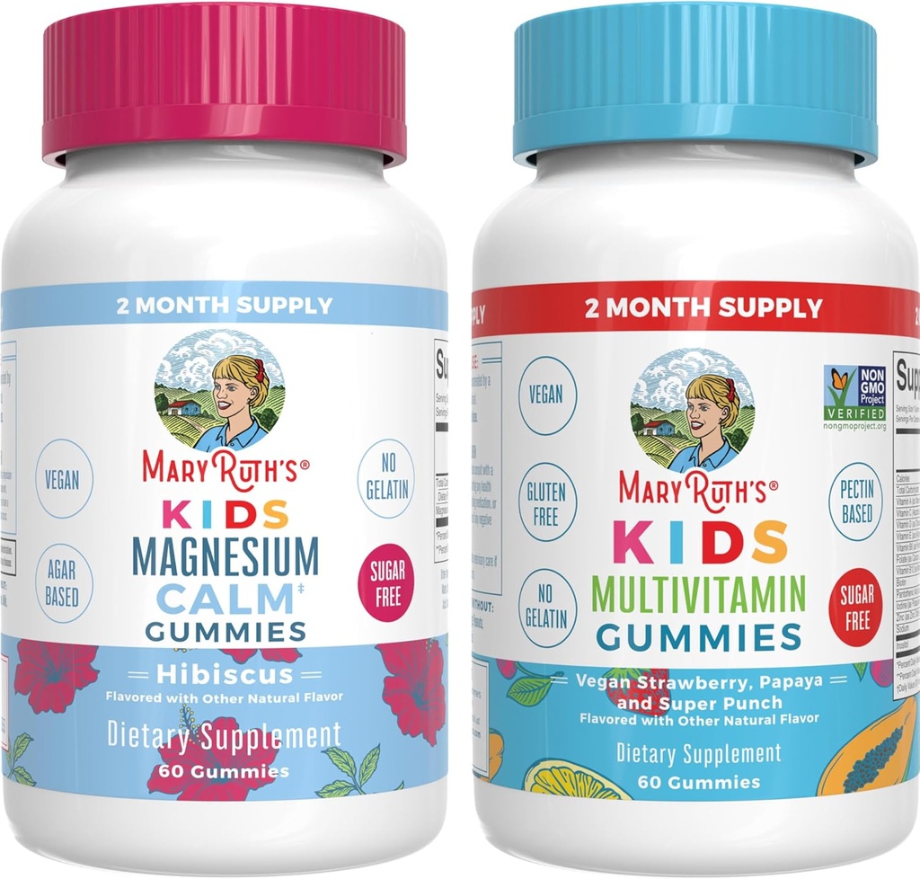 MaryRuth Organic Multivitamin(いちご)とマグネシウムカルムグミー(ハイビスカス) for Kids | クリーンラベルプロジェクト Verified® | ビタミン全般 ウェルネス・眠り| ヴィーガン、非GMO、グルテンフリー
