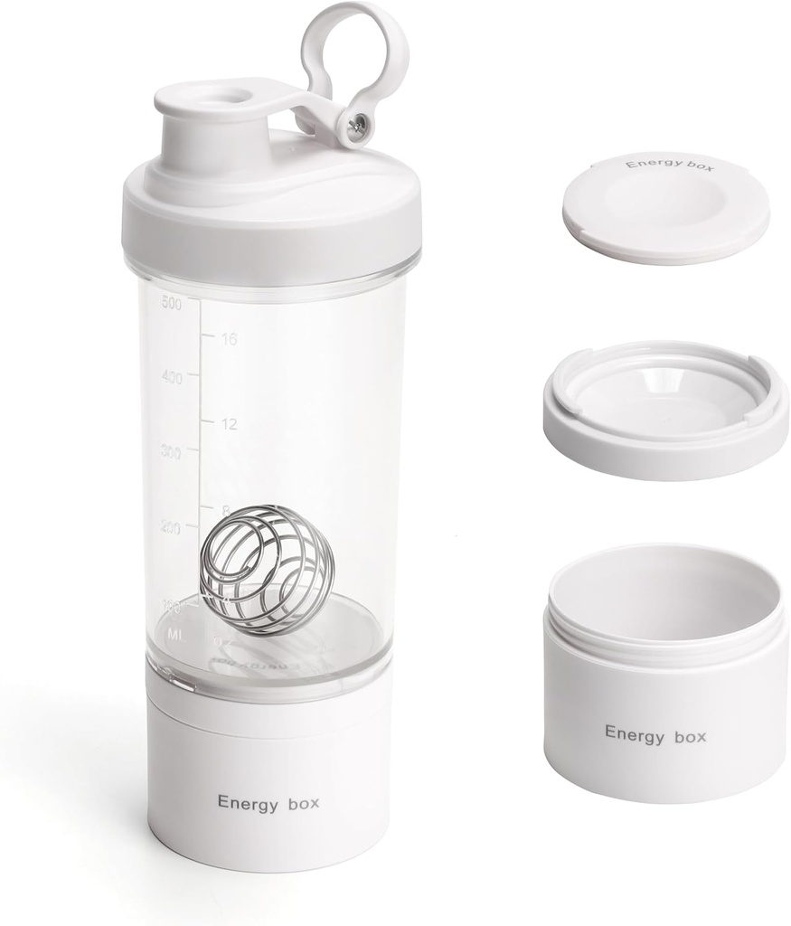 Blender Protein Shaker Tritan Bottle with Pill/Powder Storage Container for Protein Shakes-pre workout bottle-Mixer Cup-Gym Sport Water Bottle with Wire Whisk Balls White
