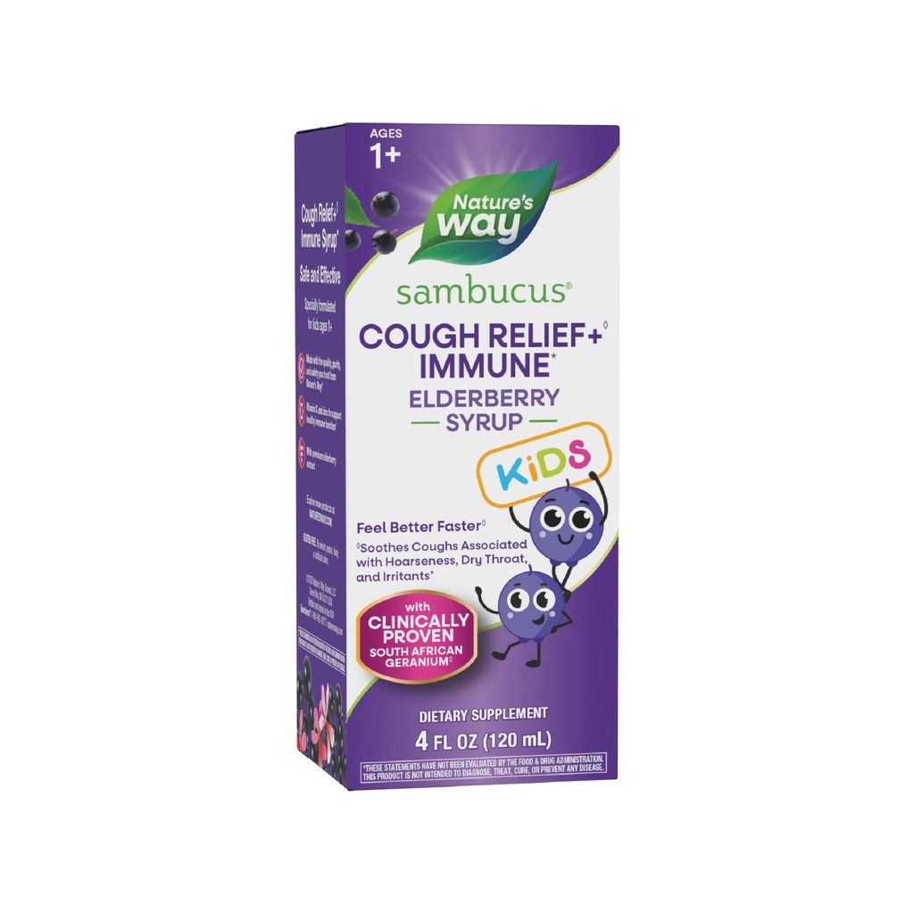 Nature's Way Sambucus Kids Coughリリーフ+免疫シロップ*、より良いより速い結果、臨床的に証明された南アフリカのゼラニウム、エルダーベリーエキス、ビタミンC&亜鉛、グルテンフリー、ビーガン、4 Fl Oz