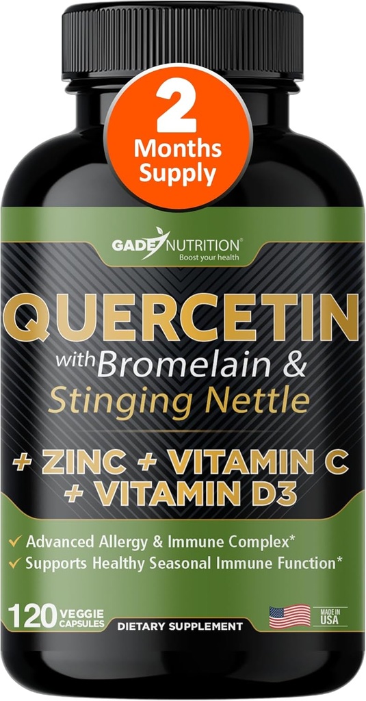 ビタミンCと亜鉛でケルセチン - Nettle Quercetin - Quercetin 500mg - Bromelainとケルセチン - 亜鉛ケルセチン + ビタミンD3 - 120 Veggieキャップ - (非GMO、グルテンフリー、ビーガン) - 2ヶ月の供給