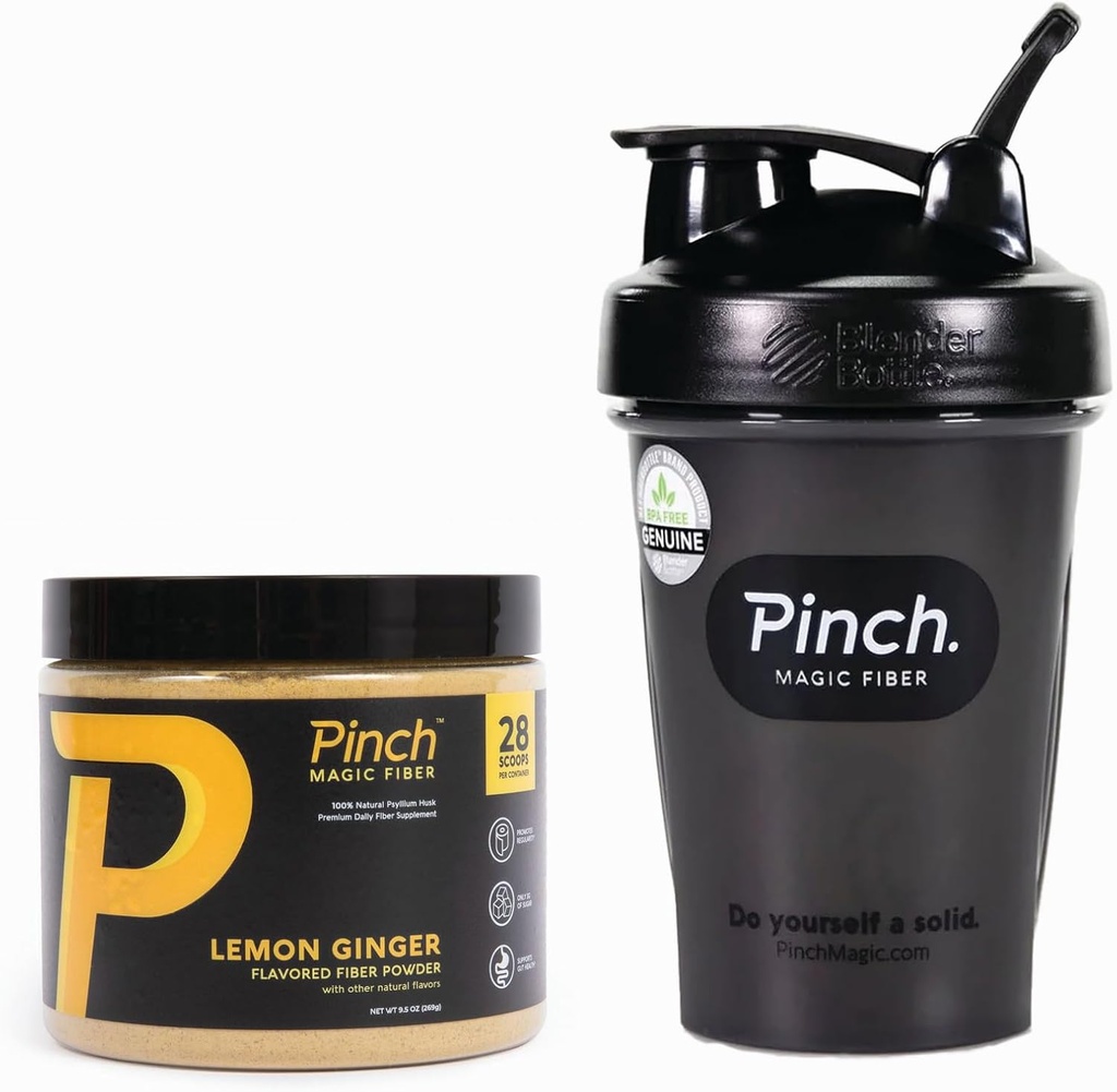 Pinch Magic Fiber & Shaker Combo | Prebiotic Psyllium Husk Fiber for Digestive Health, Keto, Vegan, Low Sugar | BPA-Free Shaker for Smooth Mixing, Travel-Friendly, Dishwasher Safe | 28-Day Supply