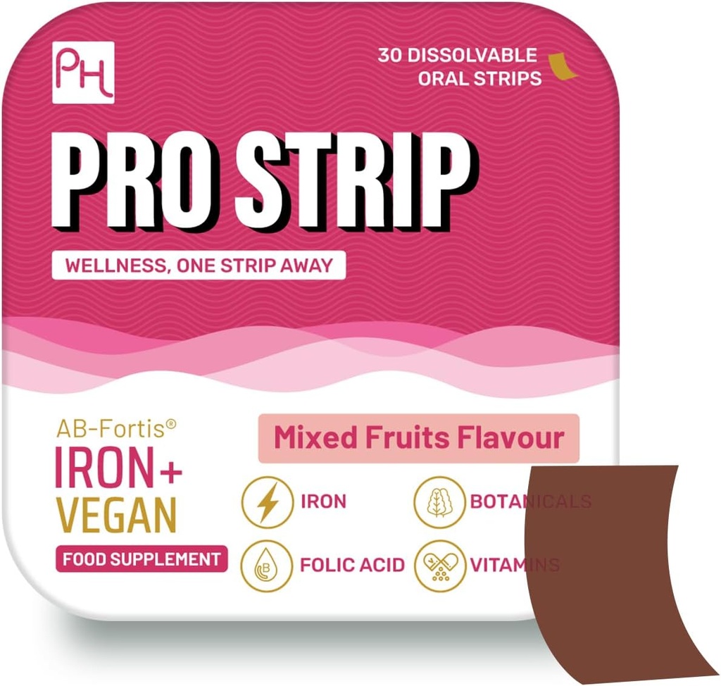 PROSTRIP® Iron+ AB-Fortis® 14mg ビタミンC、B1、B2、B6、葉酸、ビートルート、ほうれん草およびタルトチェリー - 30オーラルビーガンストリップ - 給水なし - 有利なヘルスケアによる高吸収