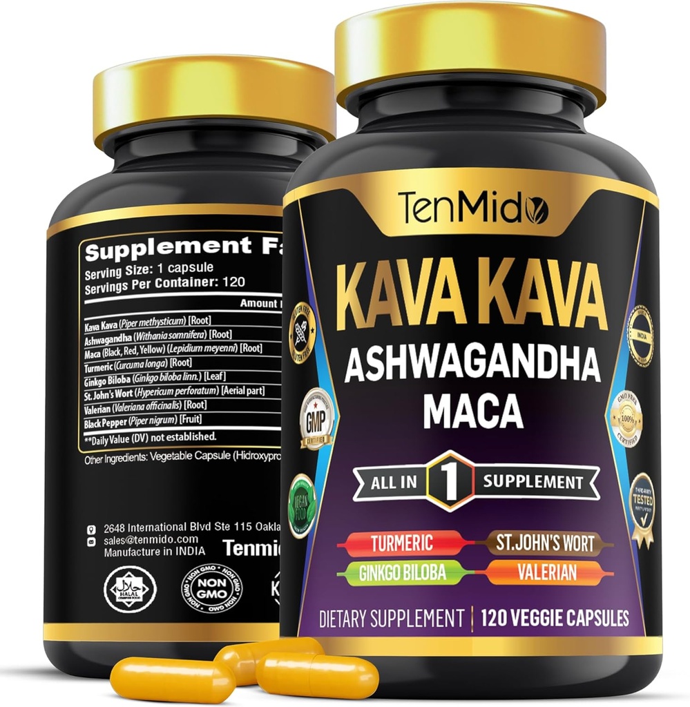 Kava Kava Root Supplement - 8in1 Formula - Combine with Ashwagandha, Maca, Turmeric, Ginkgo Biloba, St. John's Wort, Valerian & Black Pepper - 120 Vegan Capsules, 4 Months Supply