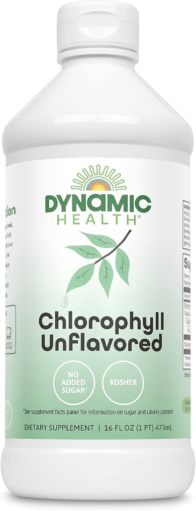 Dynamic Health Liquid Chlorophyll Unflavored 100 mg, Sodium Copper Chlorophyllins with Alfalfa and Mulberry Leaves, Plant Cleanse and Deodorizing, No Added Sugar, 16 Fl Oz