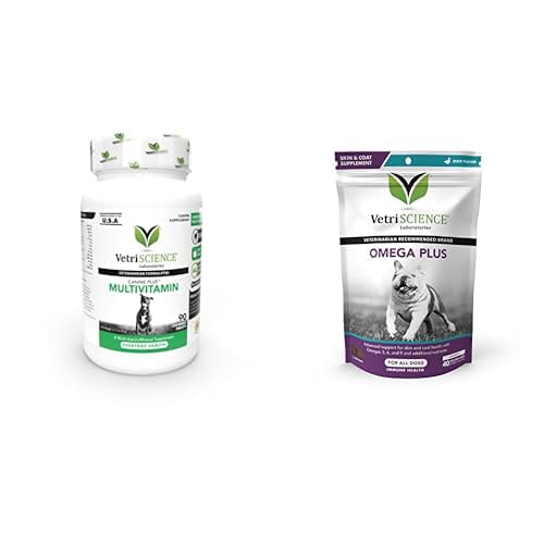 犬のためのVetriScienceの犬プラスMultiVitamin、90のタブレット及びOmegaのプラスの犬、40の咀嚼のための高度の皮の補足