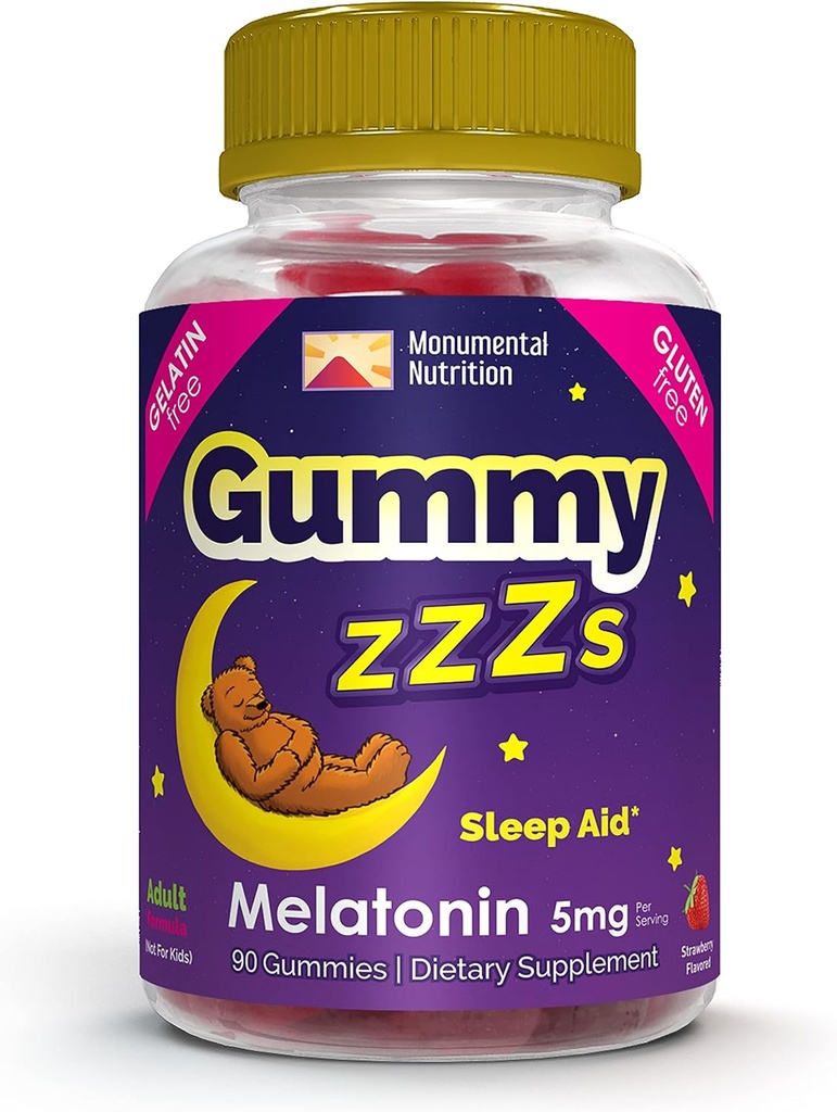 Gummy ZZZs Melatonin - 睡眠グミー5mg - イチゴの味 - 90カウント - ビーガンフレンドリー、ゼラチンとグルテンフリー - ハラールとコーシャ認定 - 男性と女性のためのナイトタイムグミー