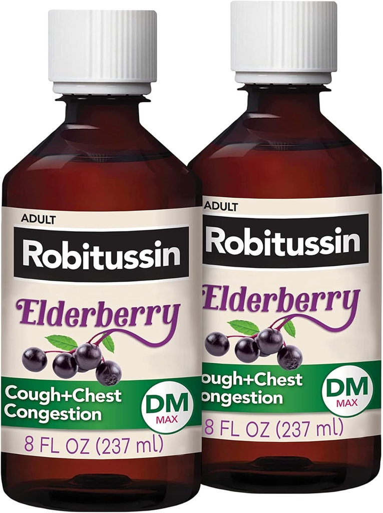 Robitussinの最高の強さのElderberryの咳プラスの箱の混雑DMの大人の咳の抑制剤、非眠気の液体の咳および箱の混雑の救助を提供して下さい- 2x8 Fl Oz