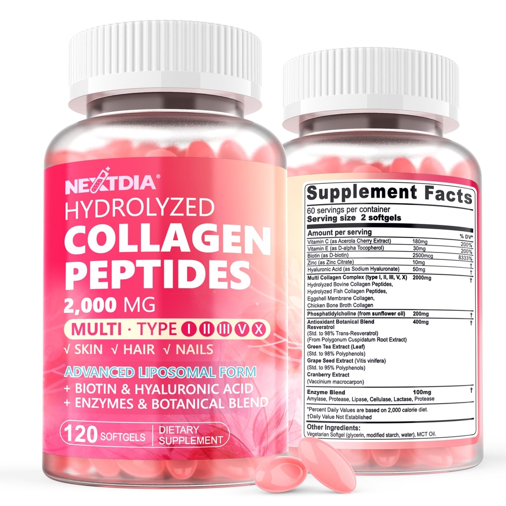 2つのパックのLiposomalのコラーゲンのペプチッドは女性2000mg、多加水分解されたコラーゲンのタイプI、II、III、V、2500mcgバイオチンが付いているX -コラーゲンは毛、皮及び釘のビタミン、240 Ctsが付いているSoftgelsを補います