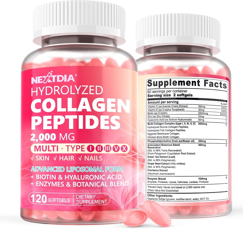 2つのパックのLiposomalのコラーゲンのペプチッドは女性2000mg、多加水分解されたコラーゲンのタイプI、II、III、V、2500mcgバイオチンが付いているX -コラーゲンは毛、皮及び釘のビタミン、240 Ctsが付いているSoftgelsを補います