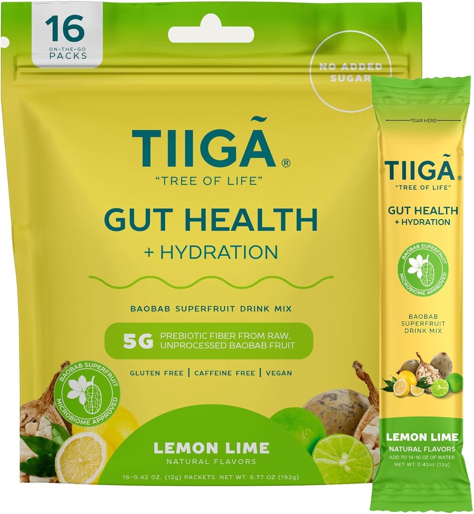 Tiiga Gut Health + Hydration Drink Mix – 7g Baobab, 5g Prebiotic Fiber, Electrolytes, No Dairy, 完全菜食主義者の, いいえ追加砂糖, 消化, 規則性, & 便秘 – 16 サービング