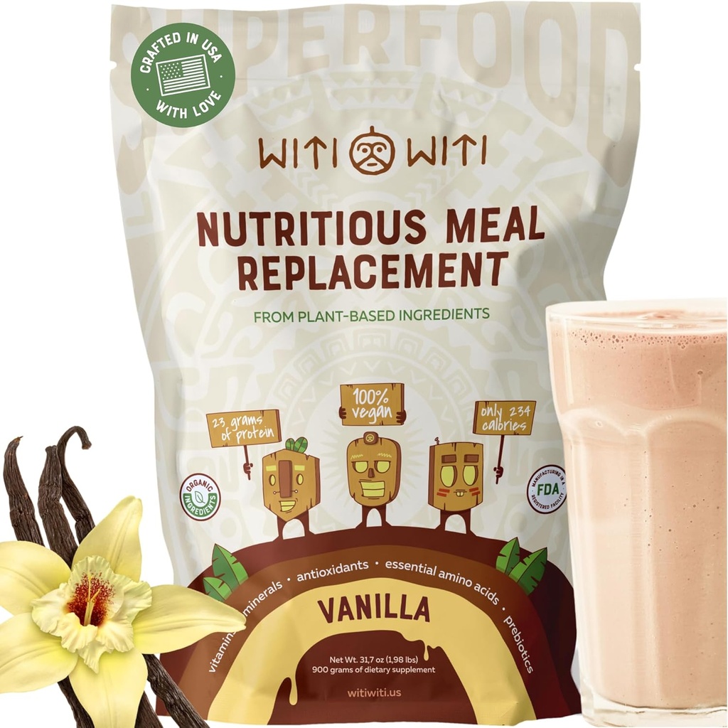 WitiWitiビーガン食事の交換, バニラ - 植物ベースのタンパク質粉末23g - スーパーフード, 緑, プレバイオティクス, ビタミンやミネラル - Dairy&Gluten無料 - 女性&男性のためのワンシェイクですべて, 15 Svgs