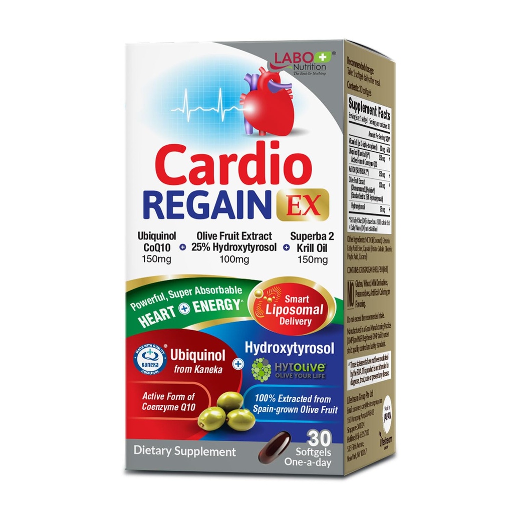 LABO栄養CardioREGAIN EX - カネカQH 150mg、オリーブ果実エキス(25%のHydroxytyrosol)、Krillオイル - 心臓、セルラーエネルギー、リポソーム吸収、非GMO、大豆フリー