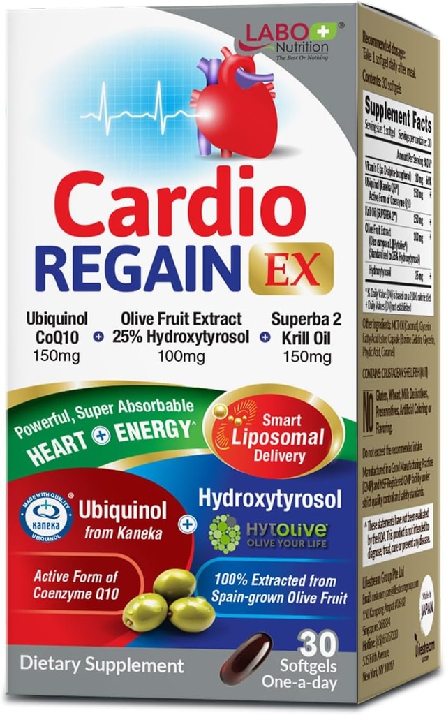 LABO栄養CardioREGAIN EX - カネカQH 150mg、オリーブ果実エキス(25%のHydroxytyrosol)、Krillオイル - 心臓、セルラーエネルギー、リポソーム吸収、非GMO、大豆フリー