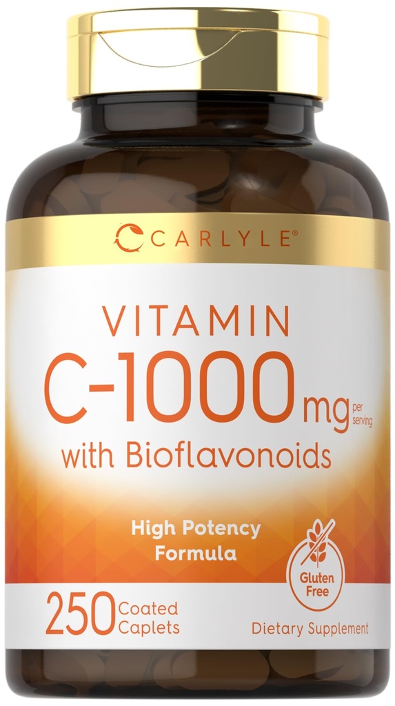 カルライルビタミンC 1000mg | ローズヒップとシトラスバイオフラボノイドで | 250カプレット | ベジタリアン・非GMO・グルテンフリー対応サプリメント