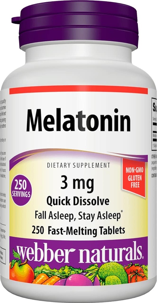 Webber Naturals Melatonin 3mgの容易な分解、250のタブレット、大人のための100%の薬剤の自由な睡眠の援助、グルテンフリー、非GMOのベジタリアンのために適した