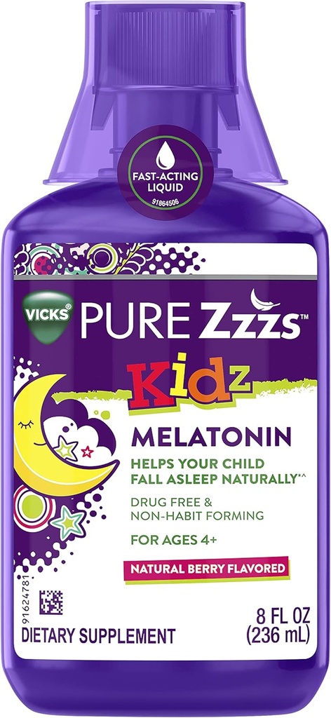 VICKS PURE Zzzs Kidz, 子供のための液体メラトニン睡眠補助金, 自然に眠るあなたの子供を助ける, 低用量メラトニン, ベリー風味, 8oz