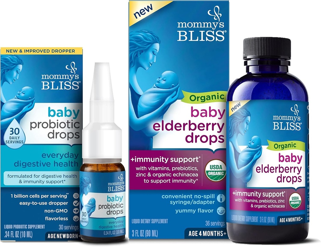 Mommy's Bliss Baby Probiotic Drops 毎日30のサービング(パッケージ1)とオーガニックベビーエルダーベリードロップ36のサービング(パッケージ1)、Baby's Immunityをサポート