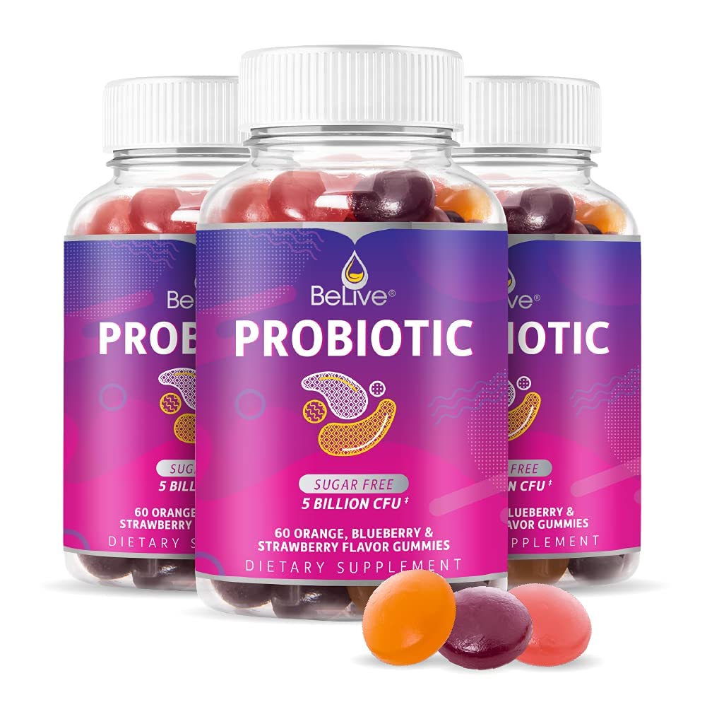 BeLive Probiotic Gummies - 消化の健康のための5億CFUとプロバイオティクス, 男性, 女性 & 免疫サポートのための子供プロバイオティックサプリメント, 砂糖無料 & ビーガン – ブルーベリー, イチゴ & オレンジ | 3-パック