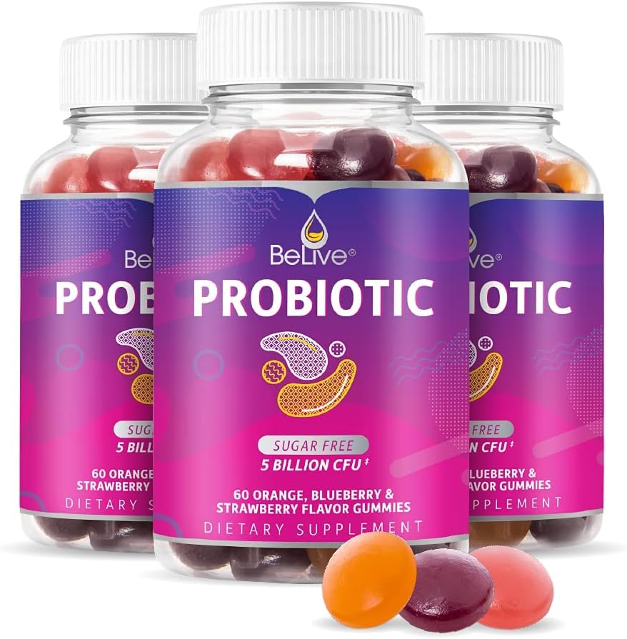 BeLive Probiotic Gummies - 消化の健康のための5億CFUとプロバイオティクス, 男性, 女性 & 免疫サポートのための子供プロバイオティックサプリメント, 砂糖無料 & ビーガン – ブルーベリー, イチゴ & オレンジ | 3-パック