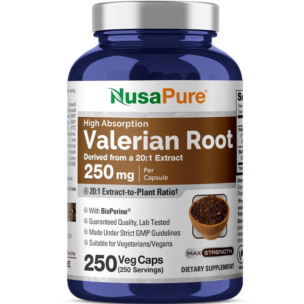 NusaPure Valerian Root 20:1 抽出物、250 mg は、ベジーキャップあたり 5000mg に等価、250 カウント、ビーガン、非GMO、バイオペリン