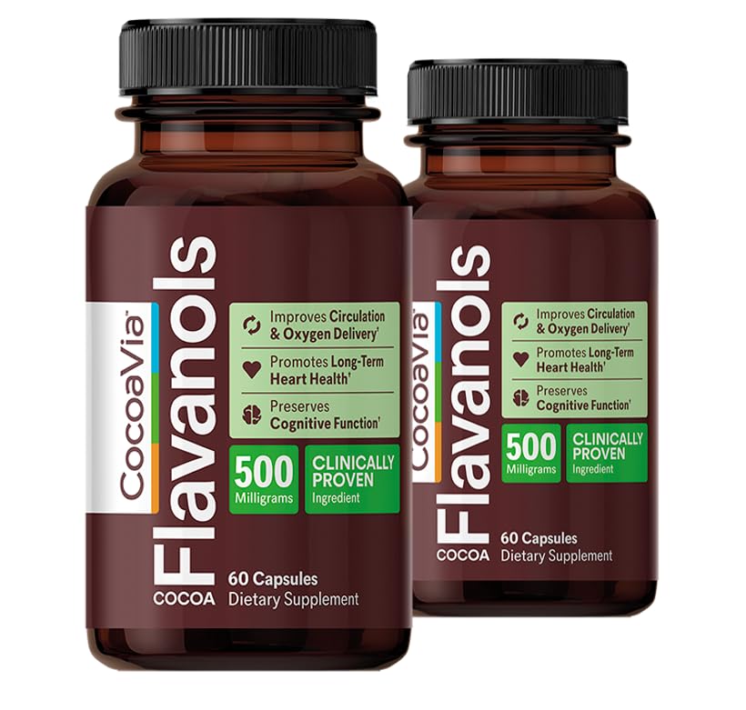 CocoaViaの心臓の健康の補足、60日、500mg Cocoaのフラバノール、サポート心の健康、ブースト窒素酸化物、血循環、エネルギー、ビーガン、ダーク チョコレート、120のカプセル