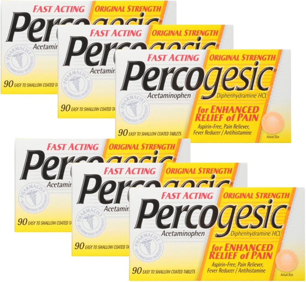 Percogesic Aspirinの自由な痛みの救助のタブレット、元の強さ、アセトアミノフェンおよびジフェナワミン、90のct (6のパック)