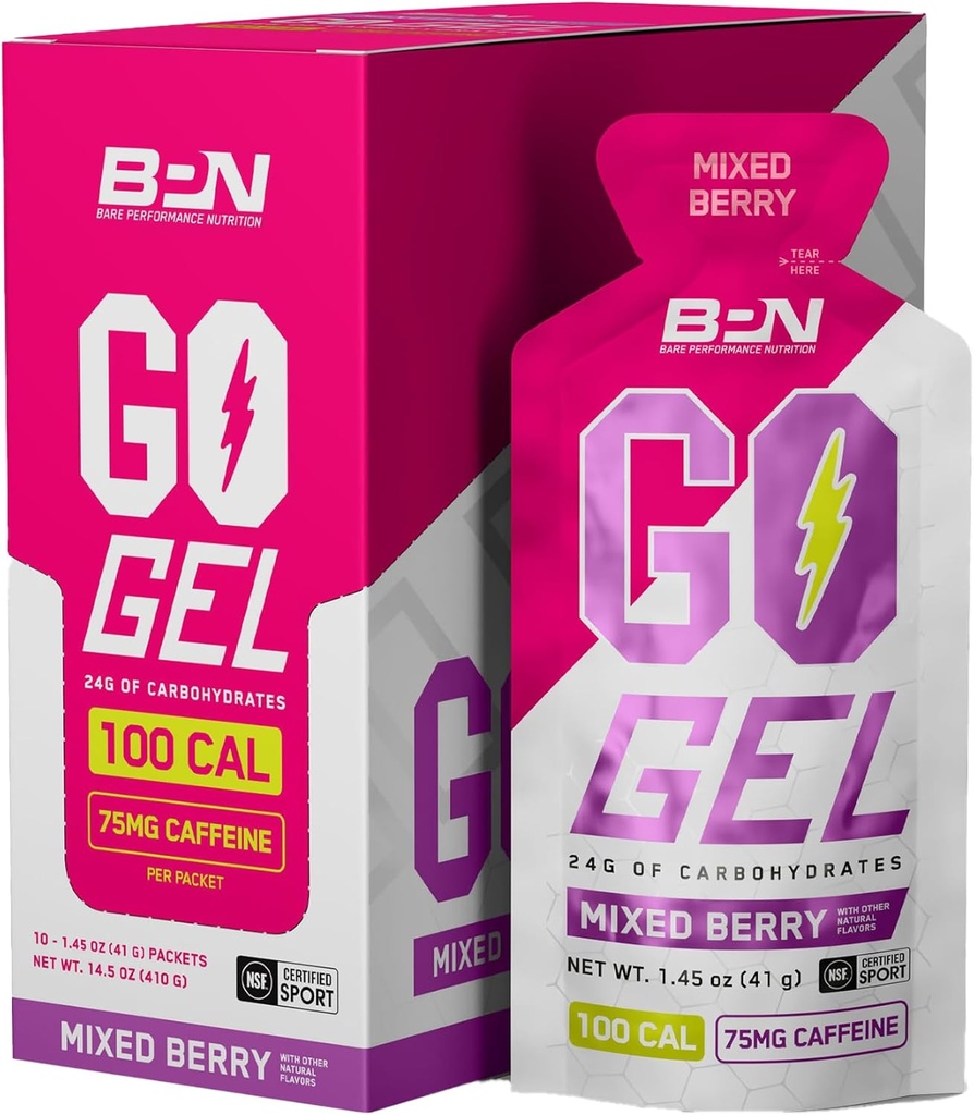 BARE PERFORMANCE NUTRITION, BPN Go Gel Endurance, 24g 炭水化物 & 100 カロリーパックあたり, ビーガン + グルテンフリーランニングゲル, 10 シングルサービングパック, カフェインミックスベリー