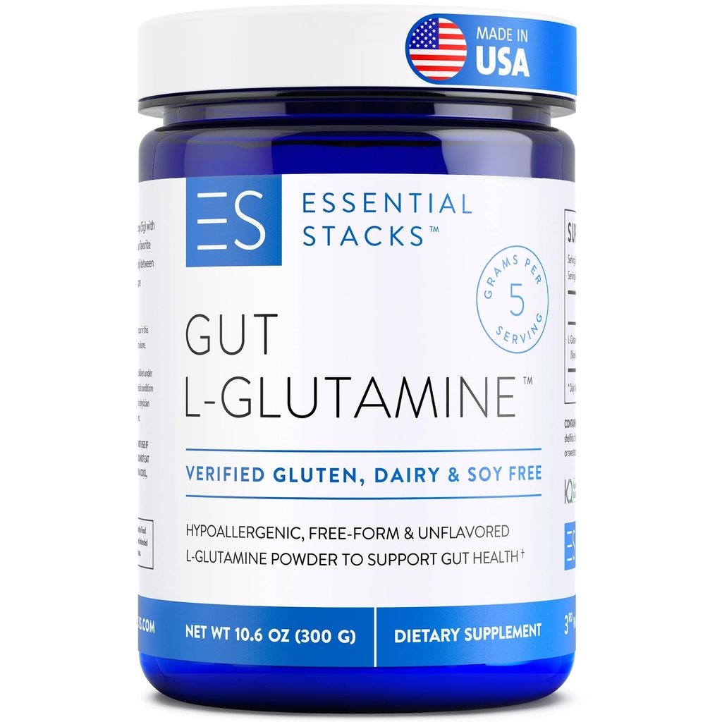 エッセンシャルスタック ガット L グルタミン パウダー - 米国で独占的に製造 - Gut 健康のための純粋な L グルタミン パウダー (60 のサービング、非風味)