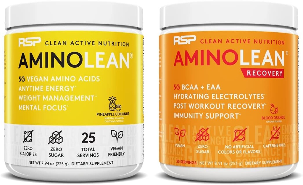 RSP NUTRITIONビーガンアミノランプレワークアウトエネルギー(パイナップルココナッツ25サービング)とアミノラン回復ポストワークアウトブースト(ブロッドオレンジ30サービング)